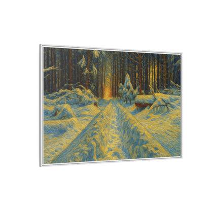 Framed matte canvas print of a snowy forest path at sunset, wall art by Printify showcasing winter landscape scenery.