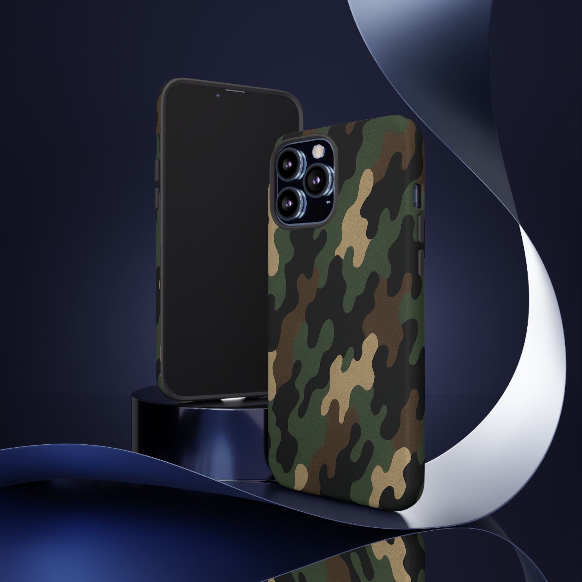 Camouflage tough phone case by Printify, rugged protective cover with camo design fitting a smartphone.