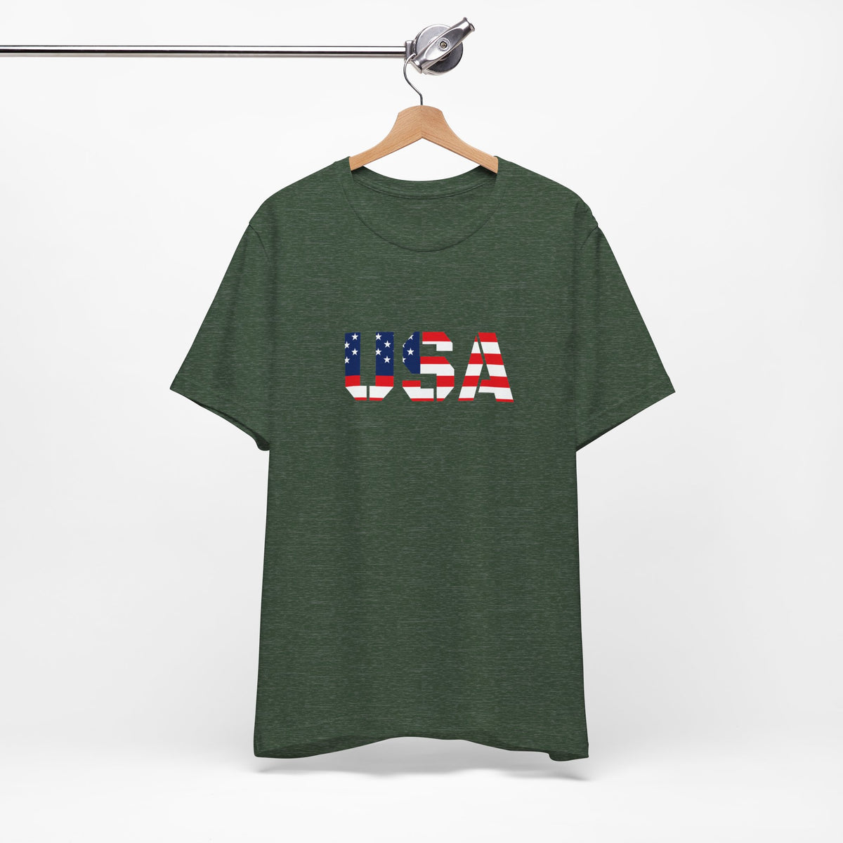 USA flag text T-shirt by Printify featuring patriotic design for Fourth of July celebration.