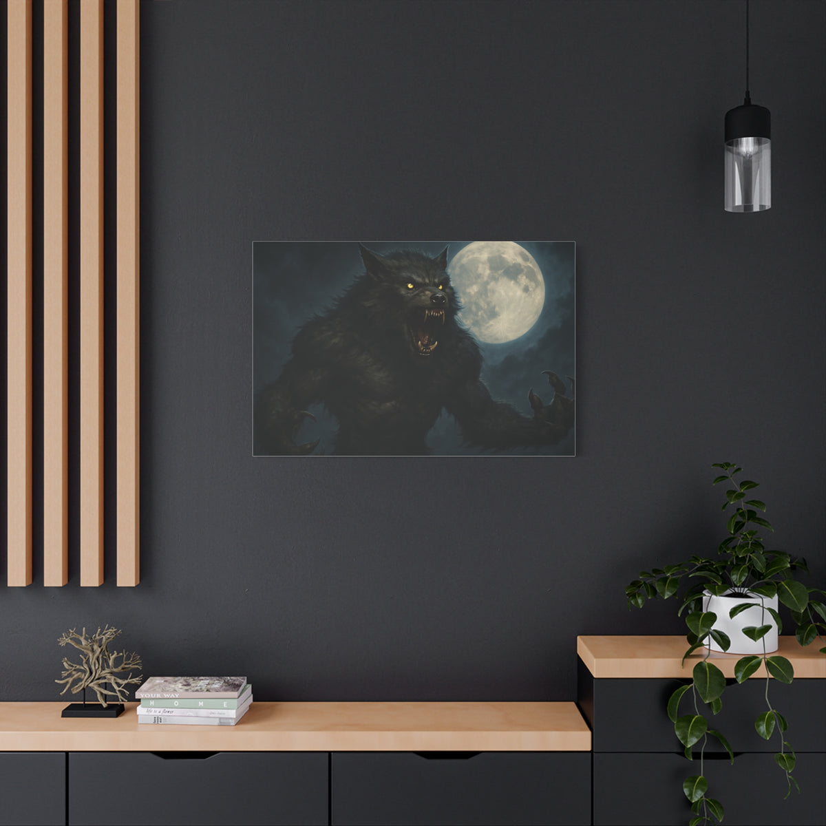 Spooky werewolf moon matte canvas print featuring a full moon and eerie forest scene, ideal for wall art decor.