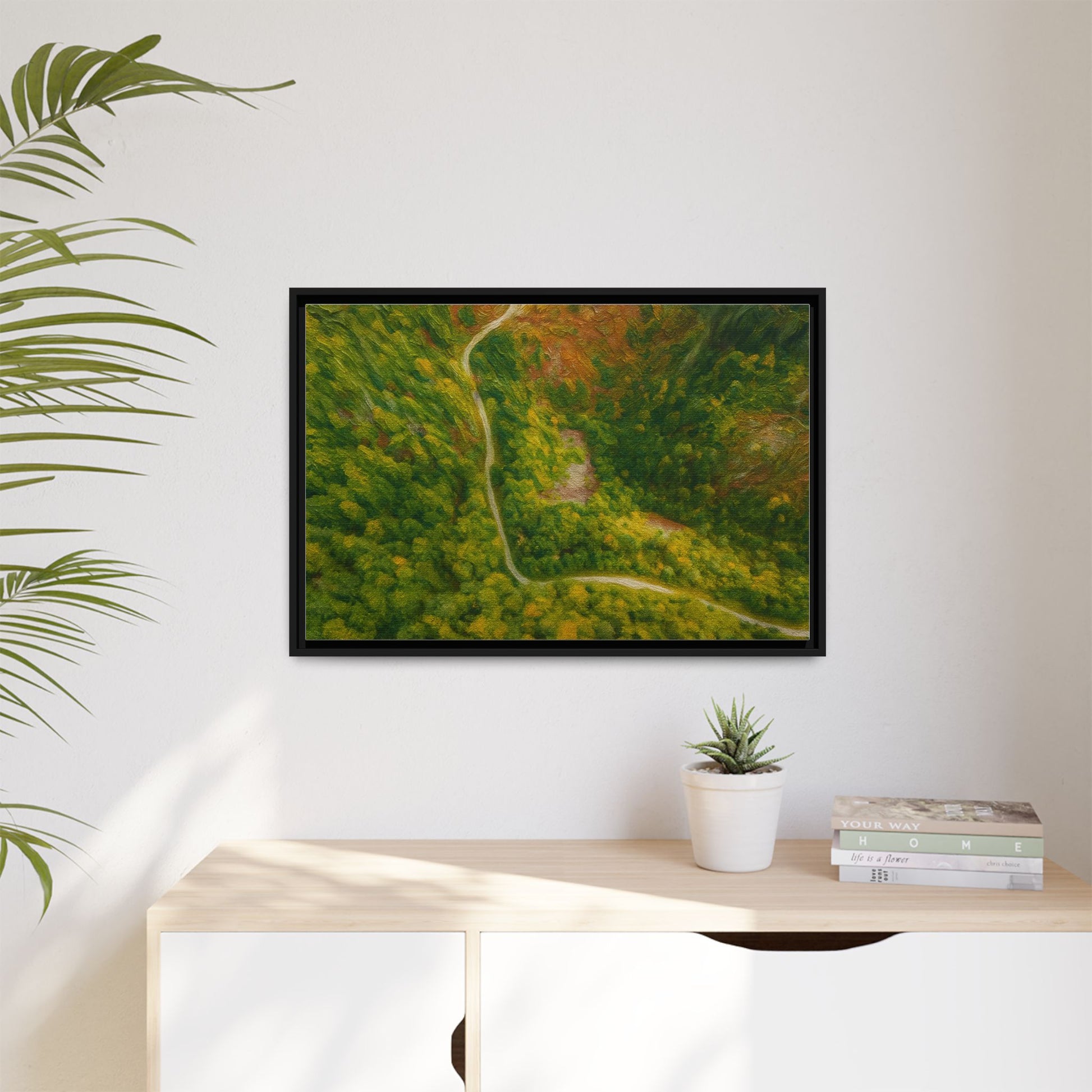 Colorful framed matte canvas wall art featuring a forest path aerial landscape, perfect for nature-inspired home decor.