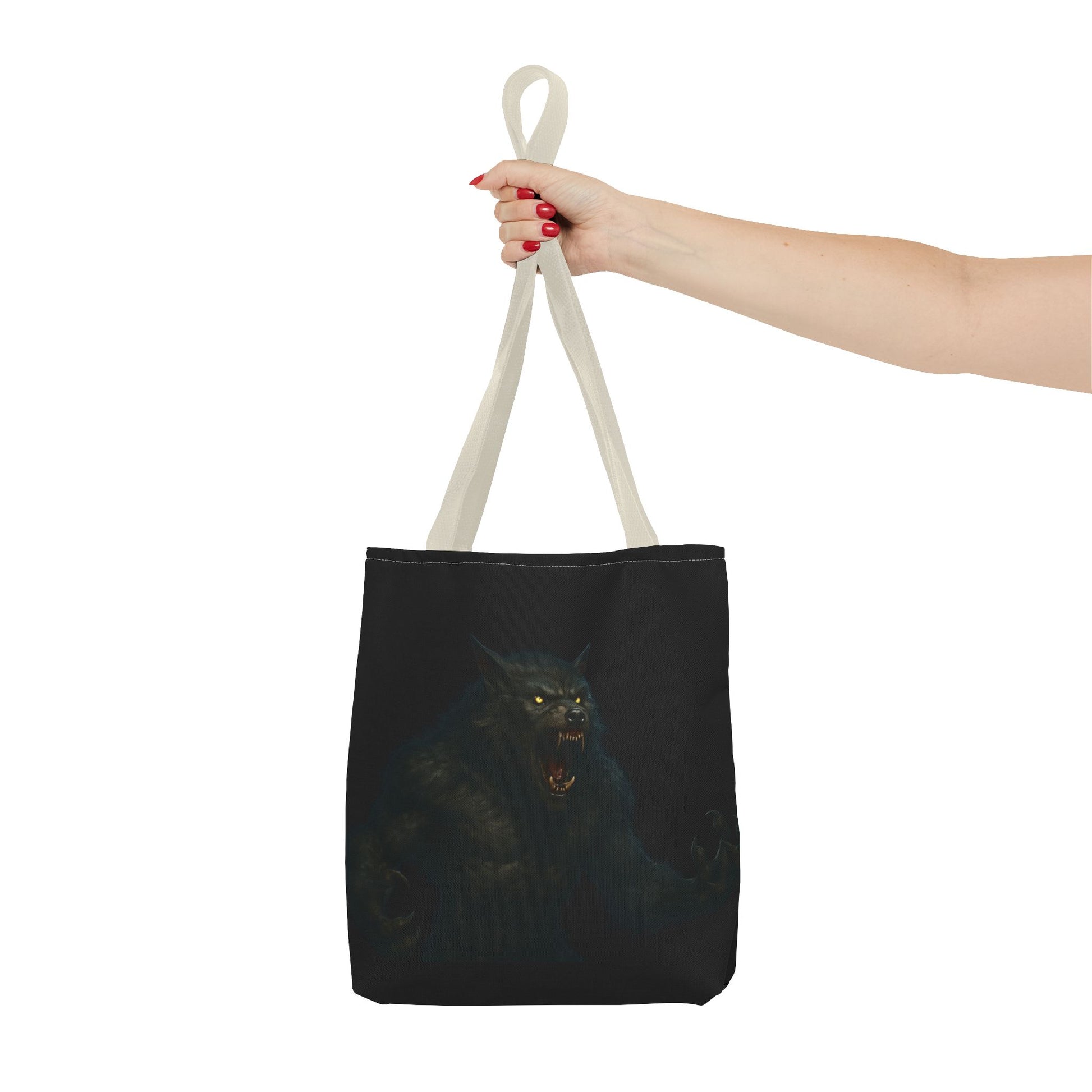 Dark Halloween werewolf tote bag with horror art by Printify, perfect gift for horror and Halloween fans.