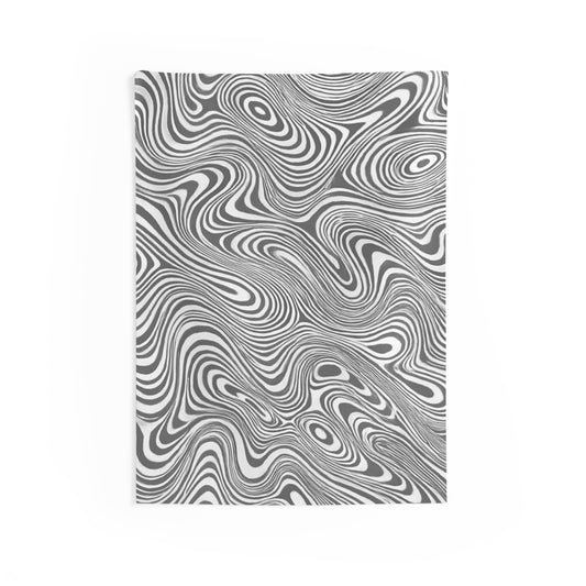 Black and white abstract swirl wall tapestry featuring wavy optical art, perfect for modern home decor.