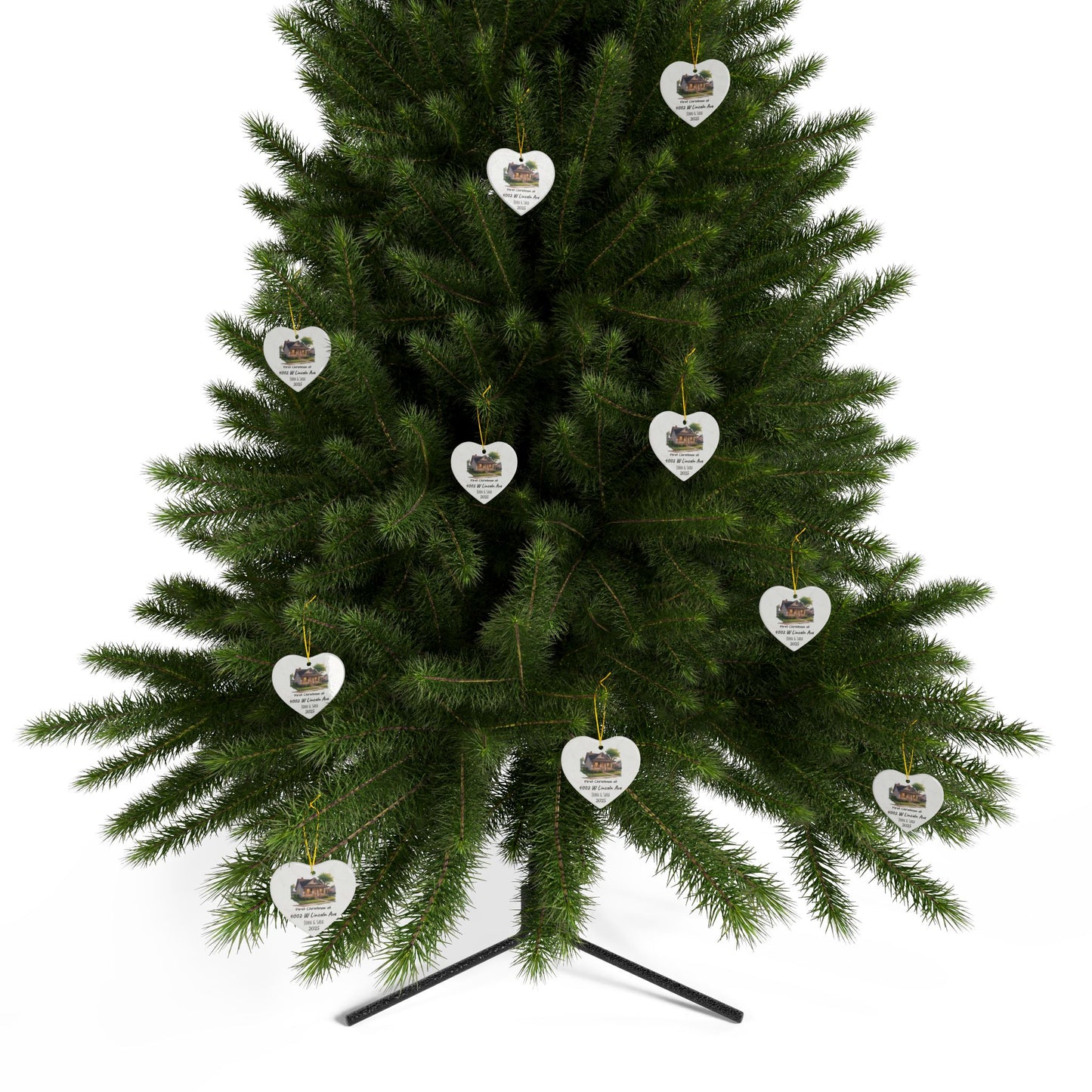 Personalized custom house illustration ceramic Christmas ornament with address and names on both sides, designed for holiday decoration.