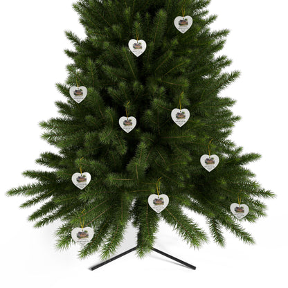 Personalized custom house illustration ceramic Christmas ornament with address and names on both sides, designed for holiday decoration.