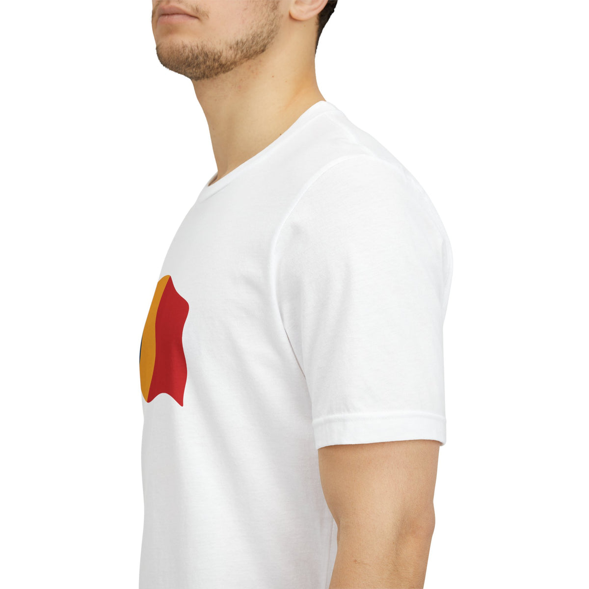 Romania flag T-shirt by Printify featuring a minimal waving tricolor design on a casual T-shirt.