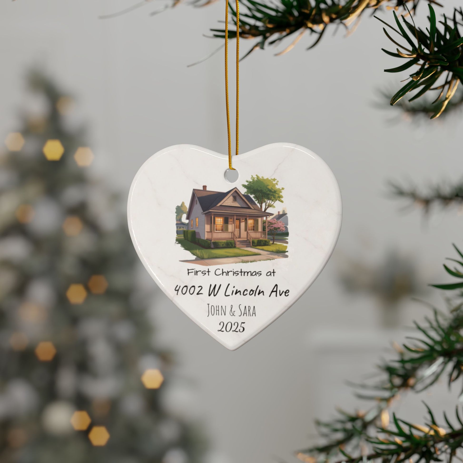 Personalized ceramic house illustration ornament with custom address and names, double-sided Christmas ornament by Printify.