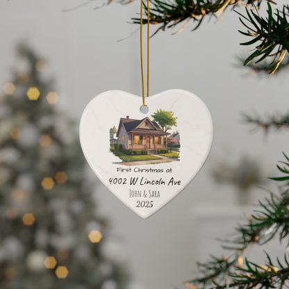 Custom house illustration ceramic ornament with personalized address and names, double-sided Christmas ornament by Printify.