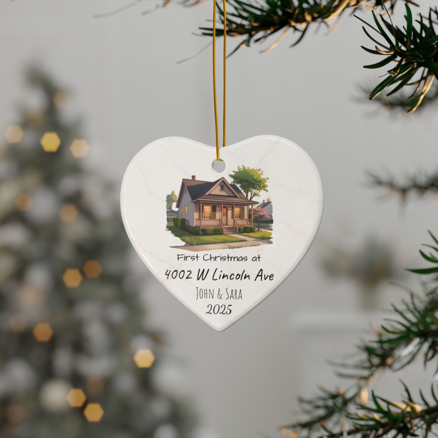 Personalized house illustration ceramic ornament with address and names on both sides, ideal for Christmas decoration.