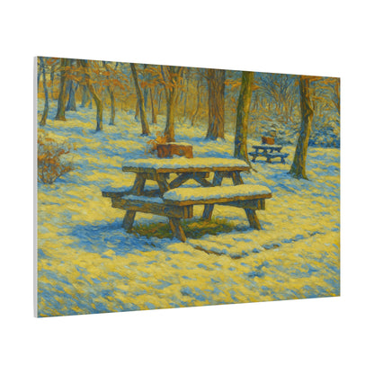 Winter picnic canvas print featuring a snow-covered park bench wall art by Printify, perfect for cozy winter decor.