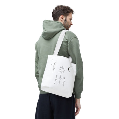 Minimal Moon and Sun botanical tote bag with celestial line art design, eco-friendly cotton bag by Printify.