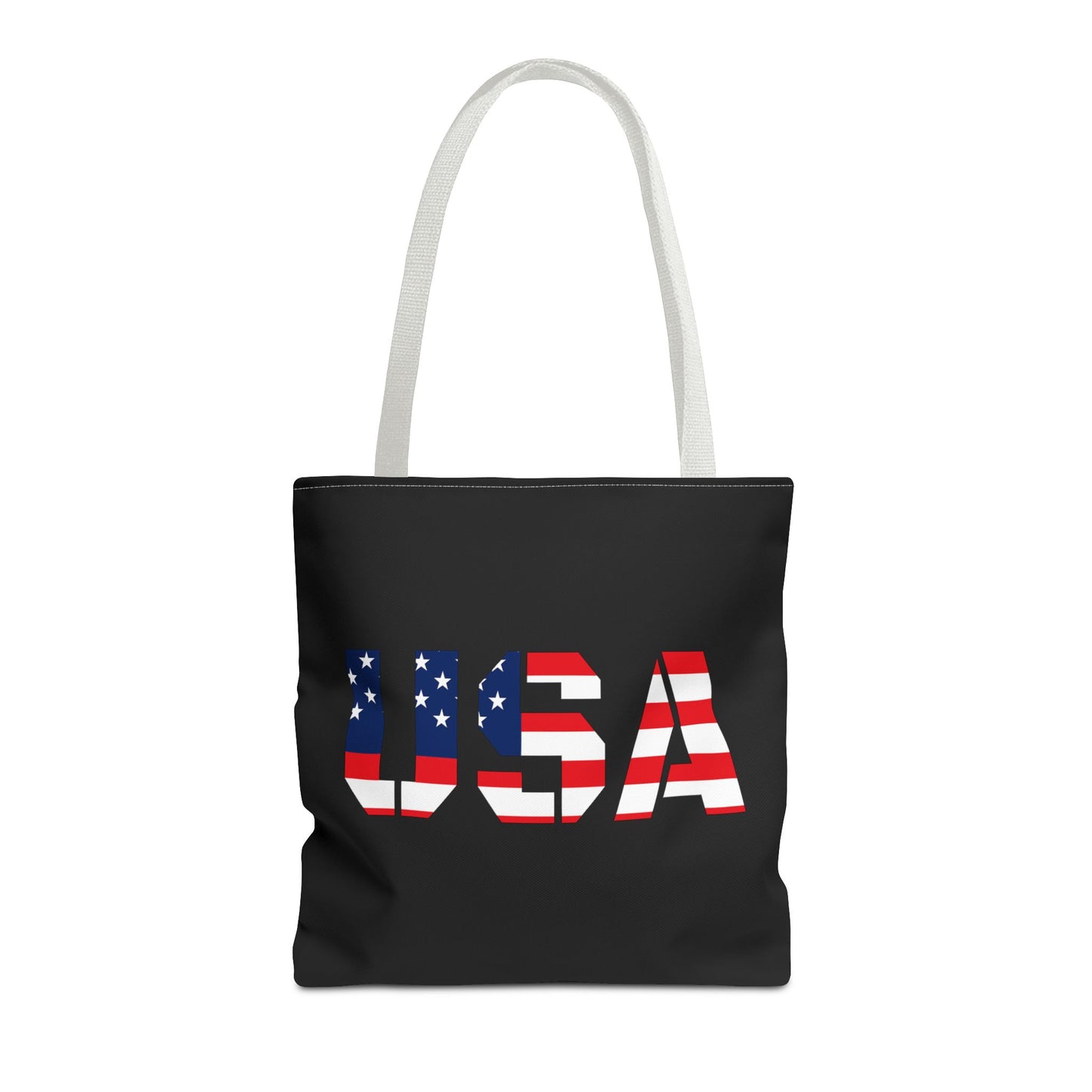 Red, white, and blue USA flag tote bag by Printify, reusable summer carryall perfect for 4th of July celebrations.