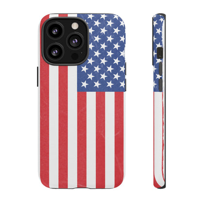 Durable American flag print tough phone case for iPhone, featuring patriotic design and rugged protective features.