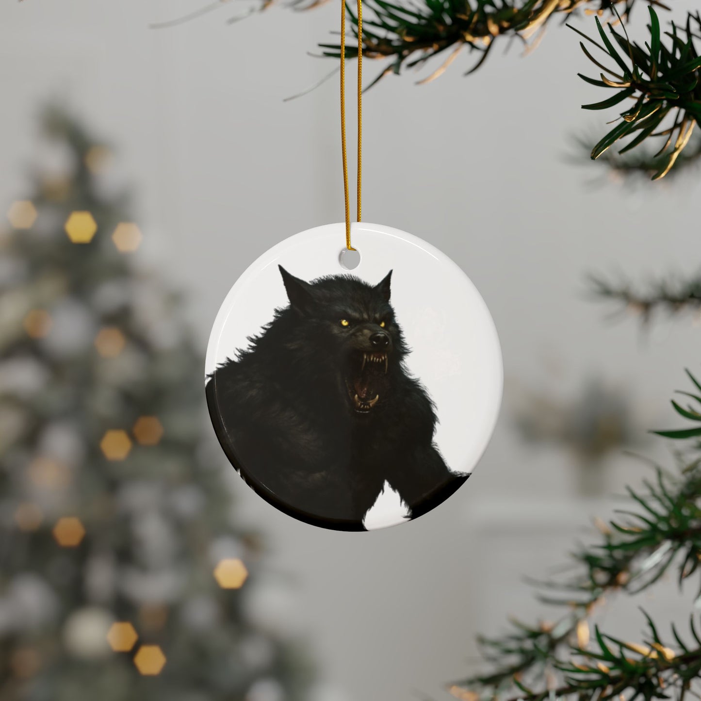Black ceramic werewolf ornament with detailed features, perfect as a spooky holiday decoration for Halloween or Christmas.