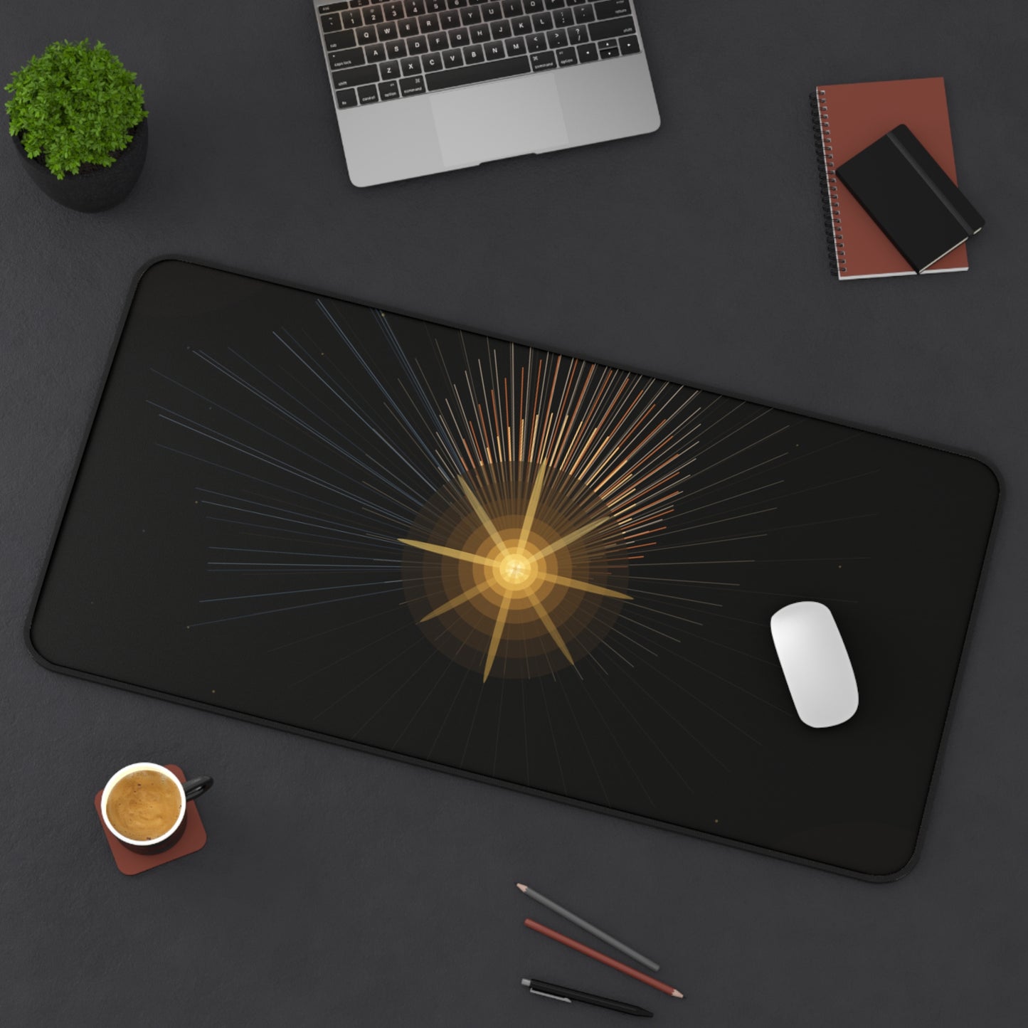 Golden Starburst Desk Mat | Celestial Radiant Light Mousepad - TRV