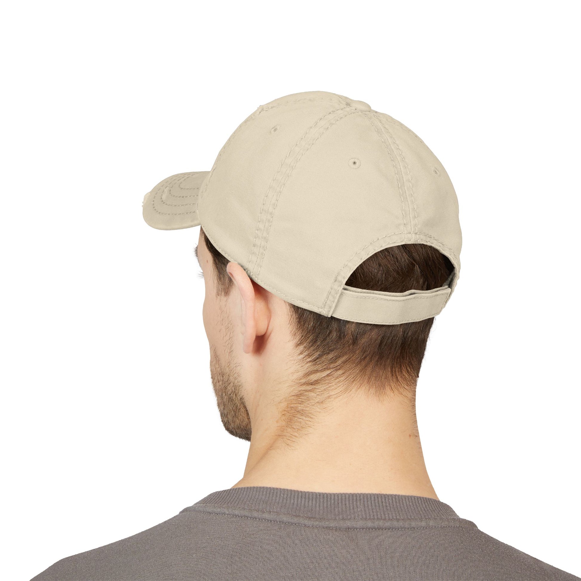 Vintage 2008 distressed dad hat with embroidered design, classic baseball cap style by Printify.