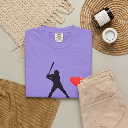 White baseball-themed T-shirt with a heart batter graphic by Printify, casual fit, shown on a flat surface.