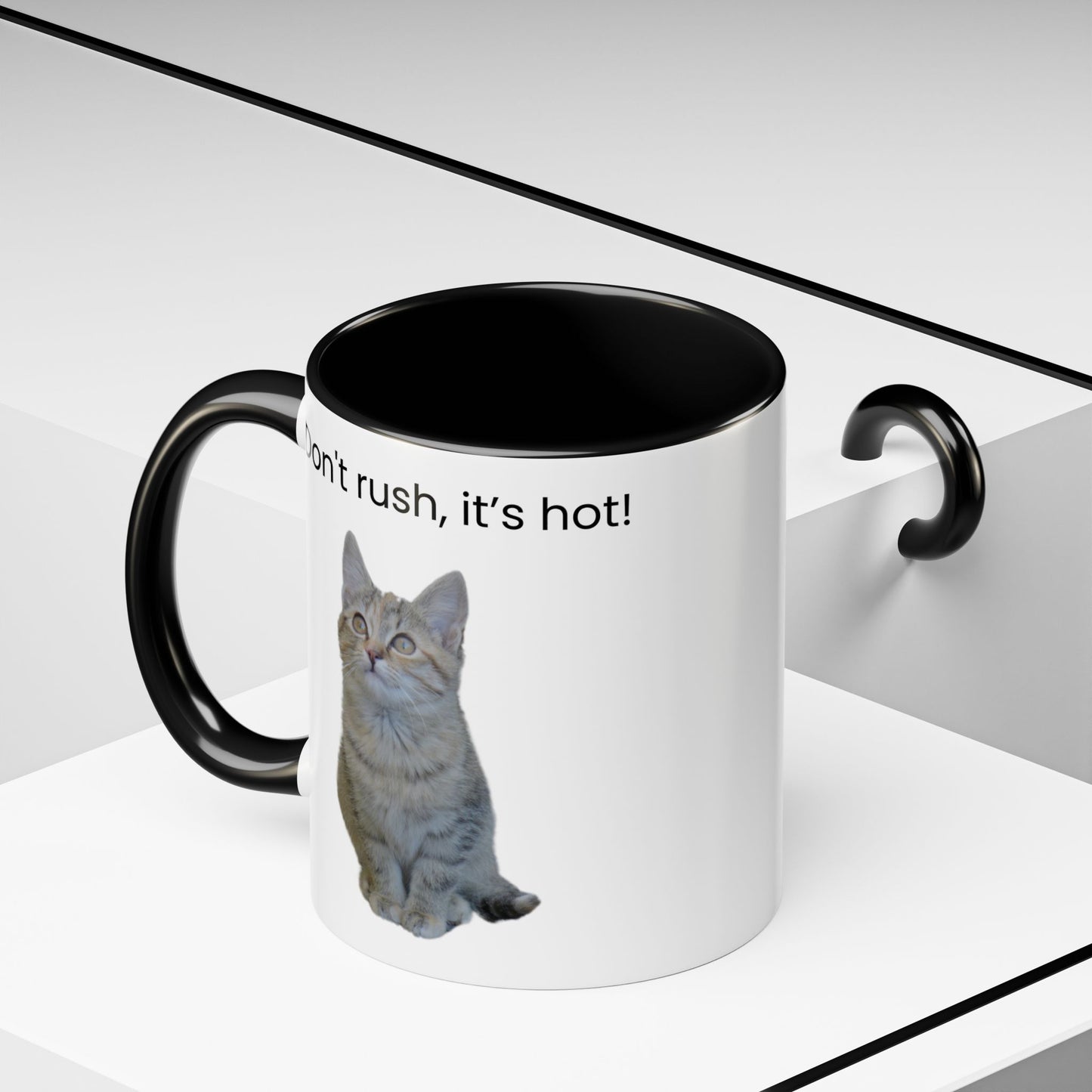 Cat Coffee Mug - "Don't rush, it's hot!" Accent Ceramic Mug (11/15 oz)