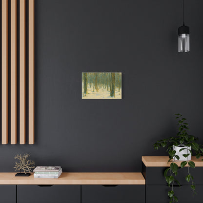 Snowy winter forest scene printed on stretched matte canvas, featuring snow-covered trees and a peaceful winter landscape.