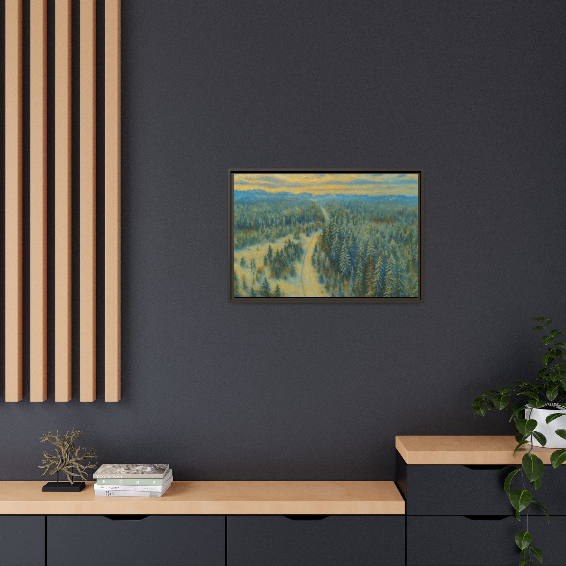 Framed matte canvas print of a serene winter forest landscape by Printify showcasing snow-covered trees and peaceful scenery.
