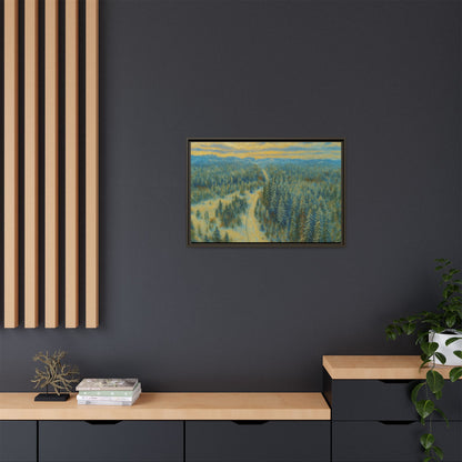 Framed matte canvas print of a serene winter forest landscape by Printify showcasing snow-covered trees and peaceful scenery.