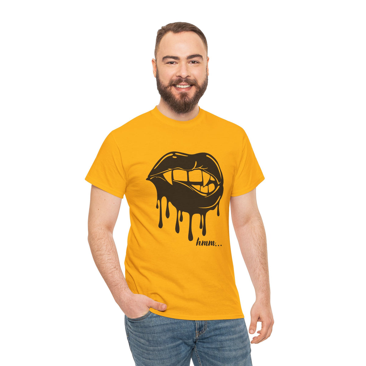 Graphic T-shirt by Printify featuring a dripping lips "hmm..." bite design in bold black and white print.