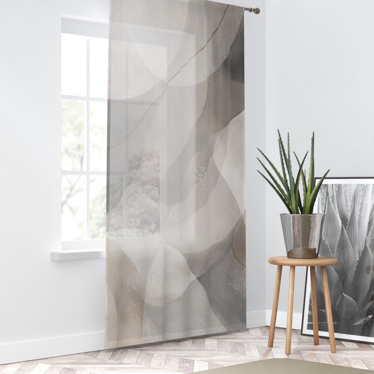 Abstract Neutral Waves Window Curtain | Sheer Geometric Drapery