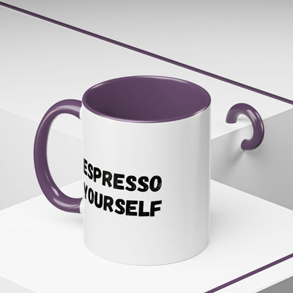 Black ceramic espresso mug with "Espresso Yourself" quote, ideal for coffee lovers, 11 oz size, by Printify.