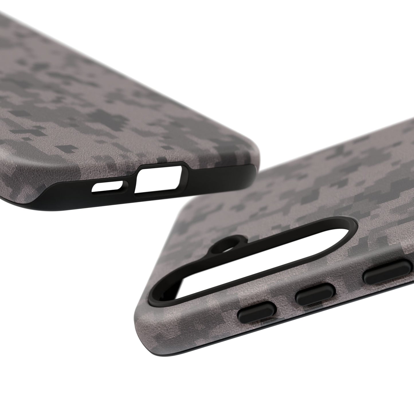 Gray digital camouflage phone case by Printify, rugged protective cover designed for smartphones with a tough look.