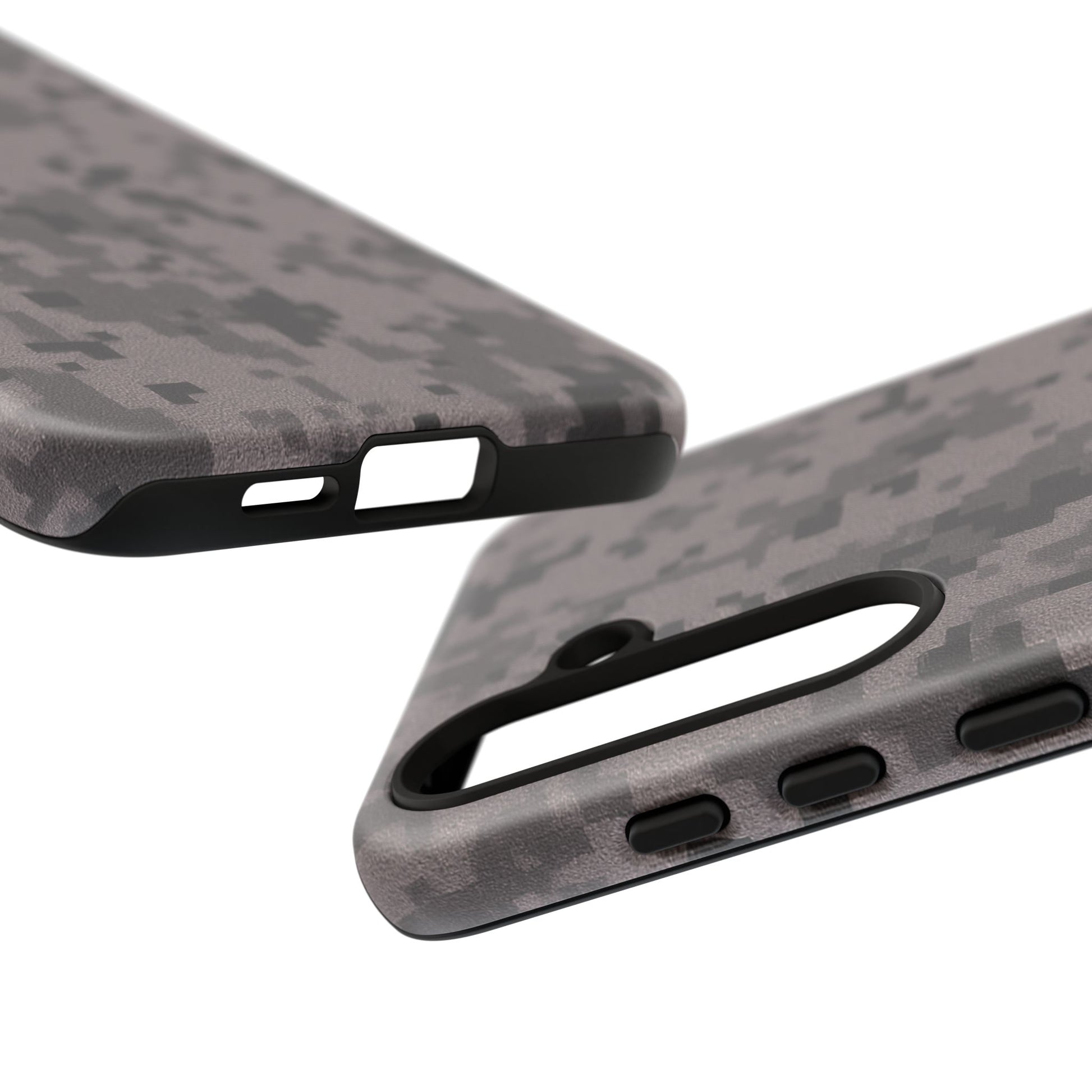 Gray digital camouflage phone case by Printify, rugged protective cover designed for smartphones with a tough look.