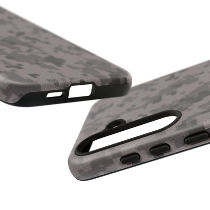 Gray digital camouflage phone case by Printify, rugged protective cover designed for smartphones with a tough look.