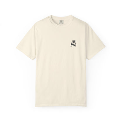 Cozy Cat on Books T-Shirt | Reading Tea Stack Illustration