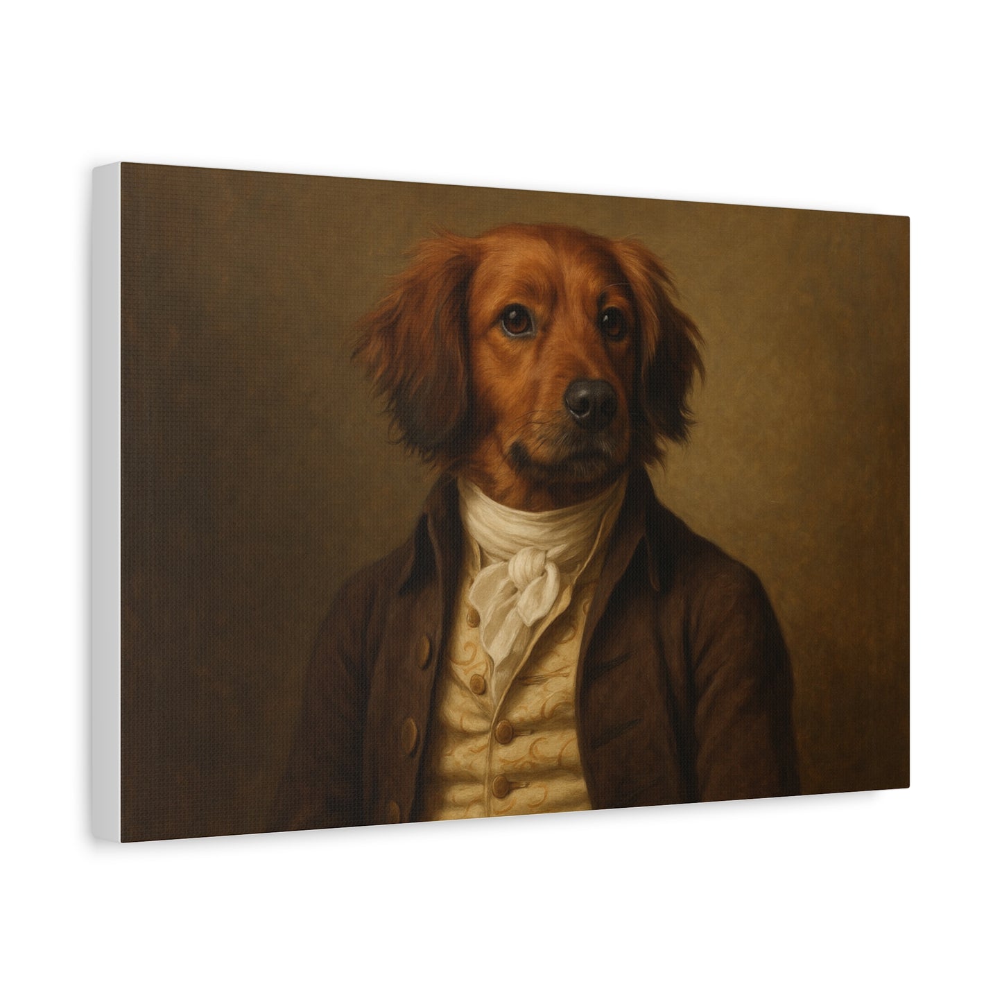 Close-up of a regal dog portrait printed on matte canvas by Printify, showcasing detailed dog art on a high-quality canvas.