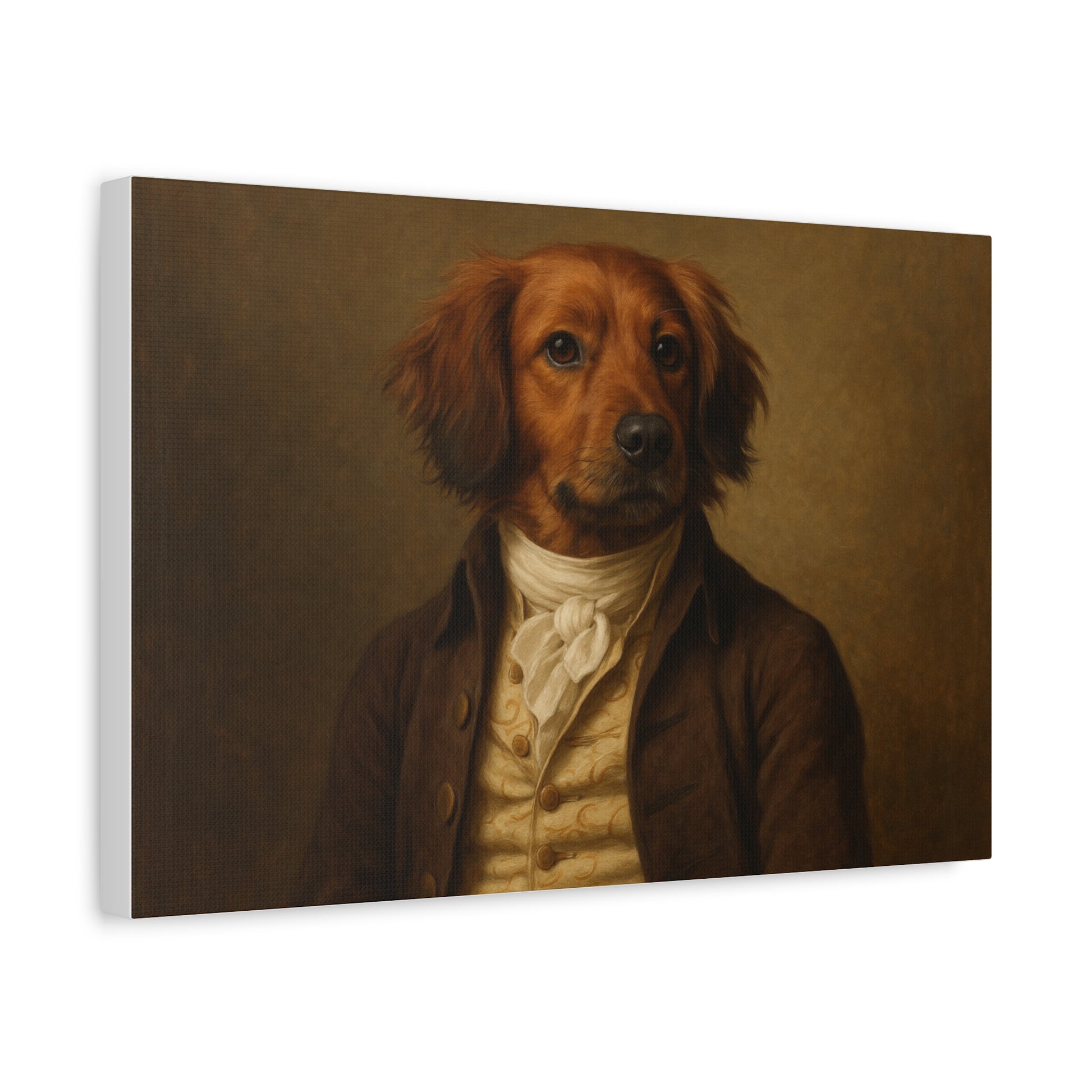 Close-up of a regal dog portrait printed on matte canvas by Printify, showcasing detailed dog art on a high-quality canvas.