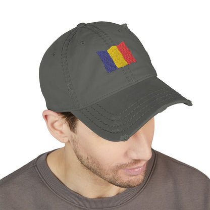 Distressed embroidered dad hat with Romanian flag patch, casual men's hat from Printify featuring a vintage style and adjustable strap.