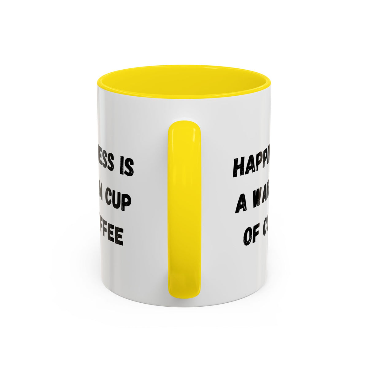 Ceramic coffee mug with "Happiness Is A Warm Cup Of Coffee" quote, white mug with black text, Printify brand, on a plain background.