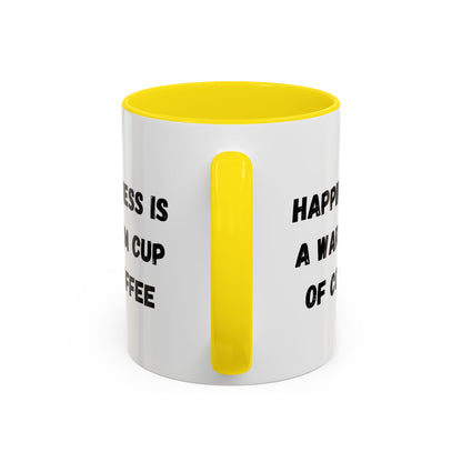 Ceramic coffee mug with "Happiness Is A Warm Cup Of Coffee" quote, white mug with black text, Printify brand, on a plain background.