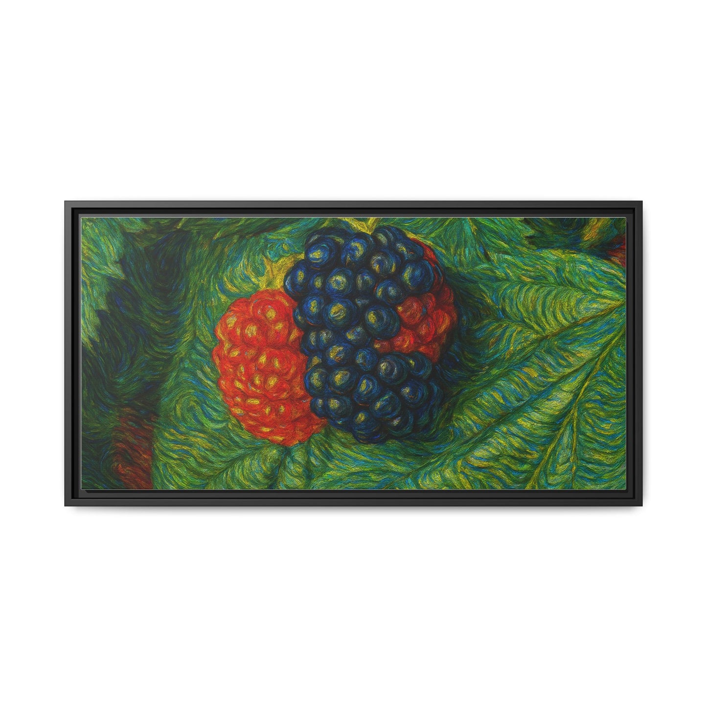 Blackberry still life framed canvas print by Printify, featuring realistic blackberries on a textured canvas background.