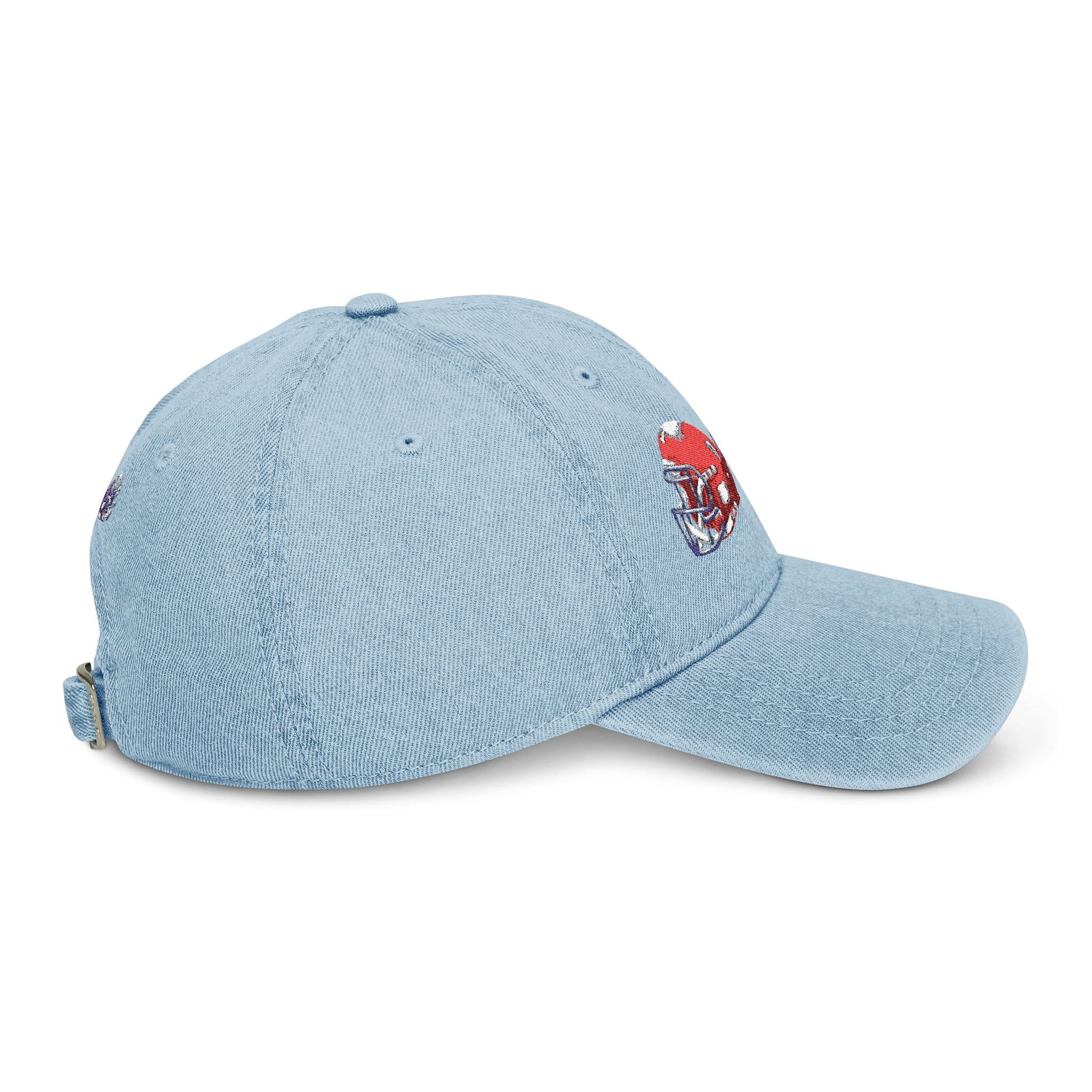 Embroidered denim football helmet hats in red and blue team colors, featuring detailed stitchwork and casual cap style.