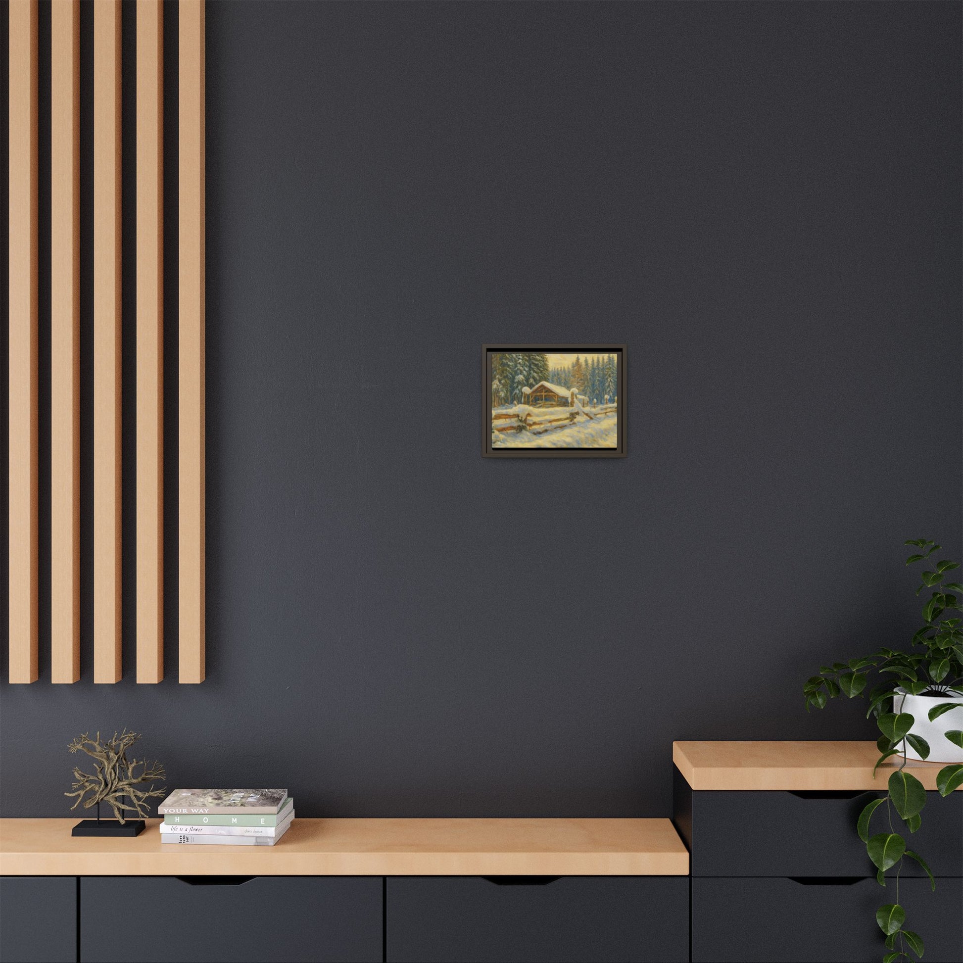 Snowy cabin winter landscape canvas wall art by Printify, featuring a cozy cabin scene in a snowy forest setting.