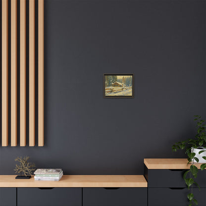 Snowy cabin winter landscape canvas wall art by Printify, featuring a cozy cabin scene in a snowy forest setting.