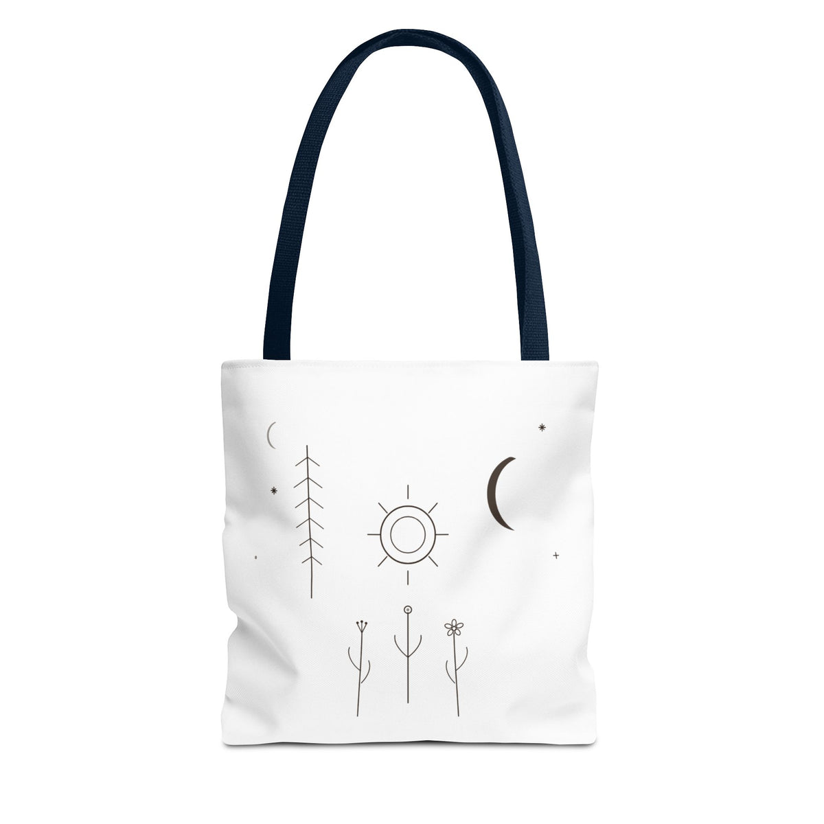 Minimal moon and sun botanical tote bag featuring celestial line art design, made by Printify, with natural plant-inspired motifs.