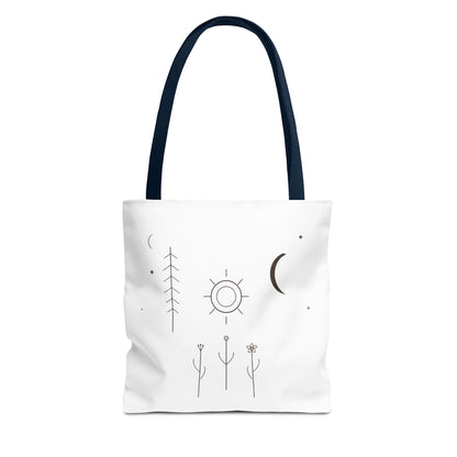 Minimal moon and sun botanical tote bag featuring celestial line art design, made by Printify, with natural plant-inspired motifs.