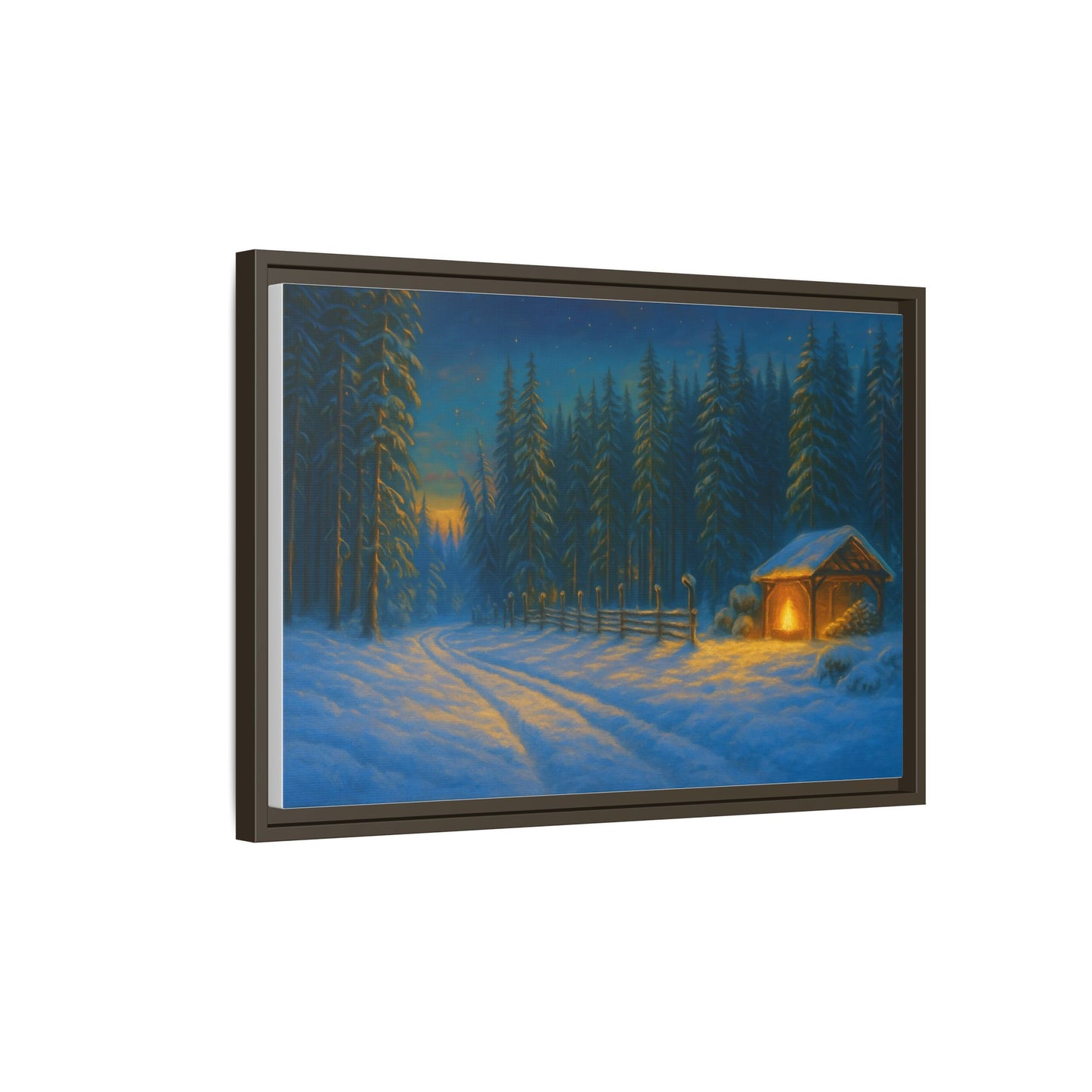 Cozy winter cabin matte framed canvas wall art featuring a snowy forest scene at evening, ideal for winter home decor.