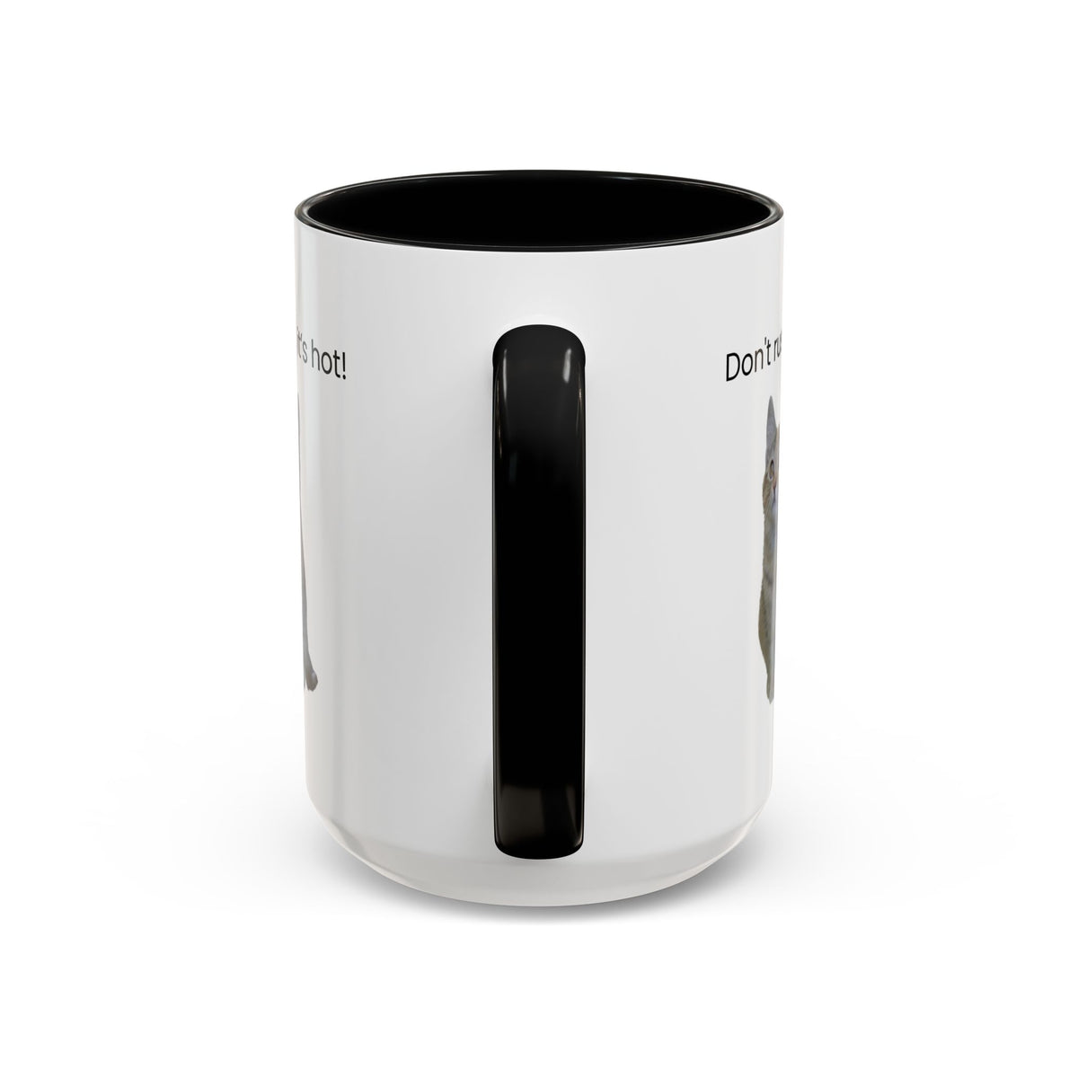 Ceramic cat coffee mug with "Don't rush, it's hot!" message, 11 oz or 15 oz capacity, featuring a playful cat design.
