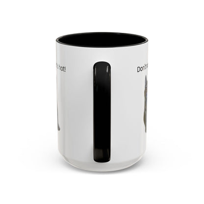 Ceramic cat coffee mug with "Don't rush, it's hot!" message, 11 oz or 15 oz capacity, featuring a playful cat design.