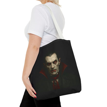 Black vampire tote bag with spooky gothic Halloween design, featuring a vampire motif on durable Printify bag.