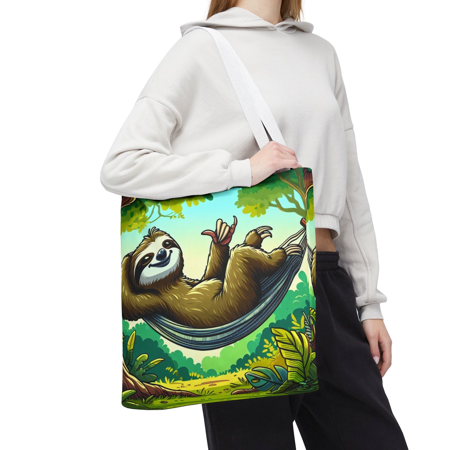 Eco-friendly sloth tote bag by Printify featuring a cute sloth illustration, perfect for animal lovers and casual use.