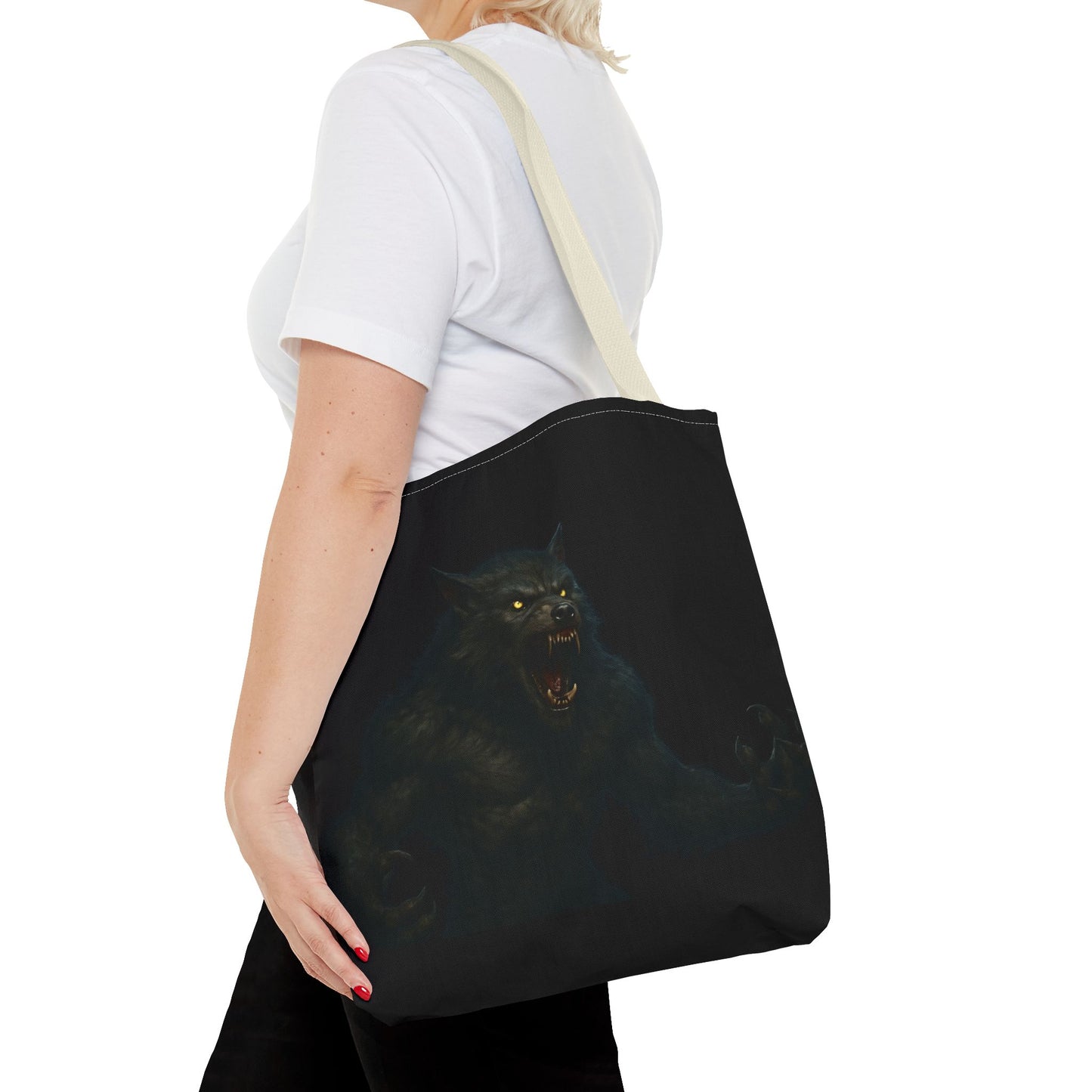 Werewolf tote bag with dark Halloween art, featuring horror-themed imagery, ideal for fans of spooky accessories and bags.