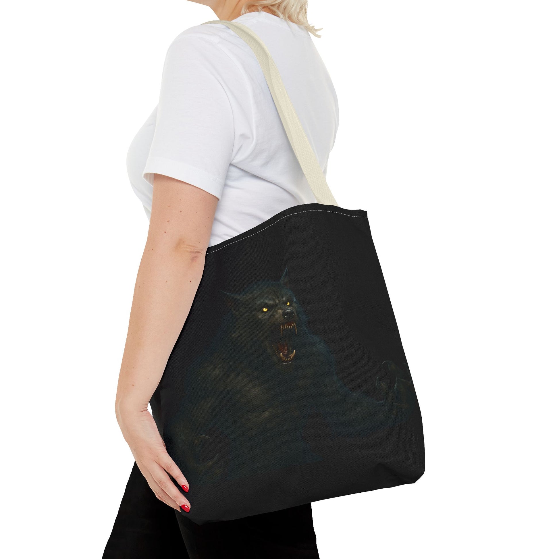 Werewolf tote bag with dark Halloween art, featuring horror-themed imagery, ideal for fans of spooky accessories and bags.